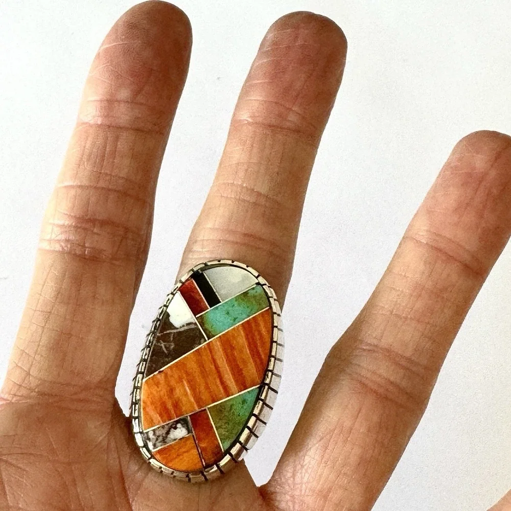 BIG Turquoise Multi Stone Inlay Mens Ring Sz 12 Navajo Sterling Signed Jack 34mm